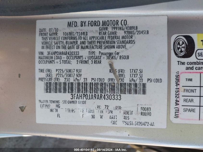 2010 Ford Fusion Sel VIN: 3FAHP0JA9AR430333 Lot: 40104192