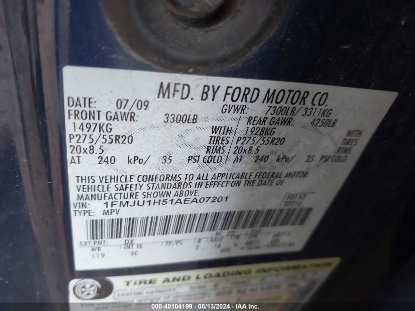 2010 Ford Expedition Eddie Bauer VIN: 1FMJU1H51AEA07201 Lot: 40104199