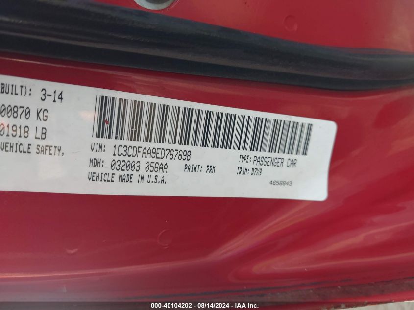 2014 Dodge Dart Se VIN: 1C3CDFAA9ED767698 Lot: 40104202