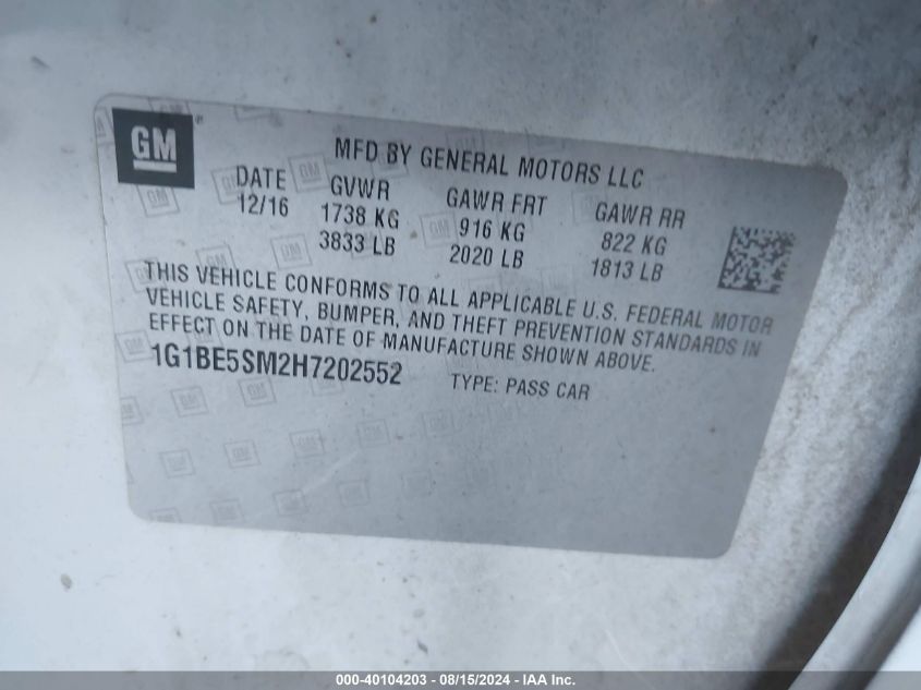 2017 Chevrolet Cruze Lt Auto VIN: 1G1BE5SM2H7202552 Lot: 40104203
