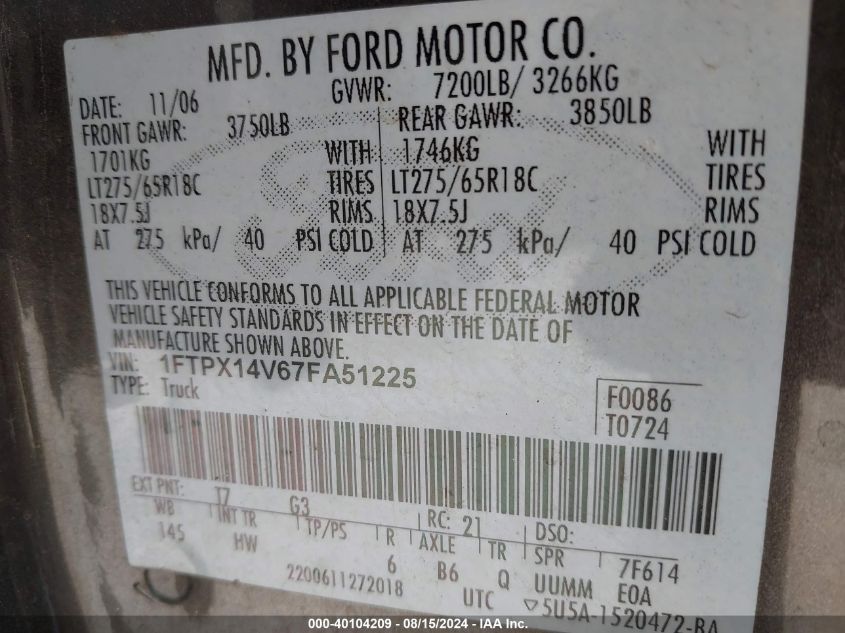 1FTPX14V67FA51225 2007 Ford F-150 Fx4/Lariat/Xl/Xlt