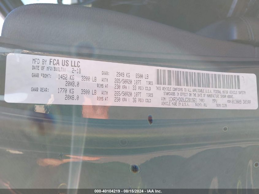 2018 Dodge Durango Gt Rwd VIN: 1C4RDHDG9JC281961 Lot: 40104219