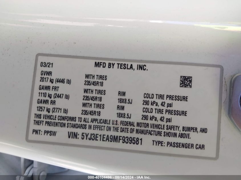 2021 Tesla Model 3 Standard Range Plus Rear-Wheel Drive VIN: 5YJ3E1EA9MF939581 Lot: 40104486