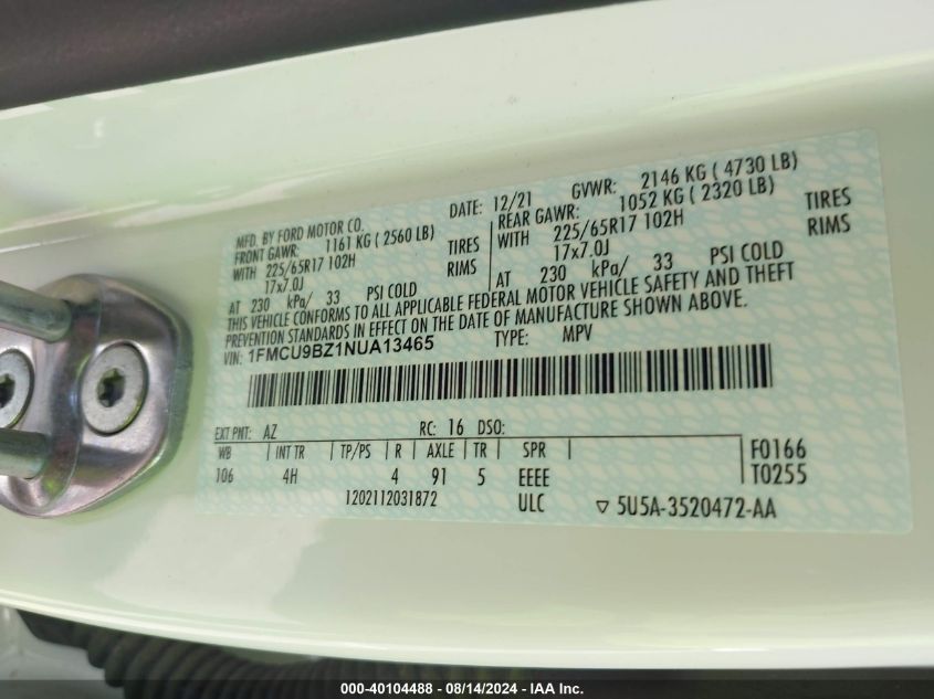 2022 Ford Escape Se Hybrid VIN: 1FMCU9BZ1NUA13465 Lot: 40104488