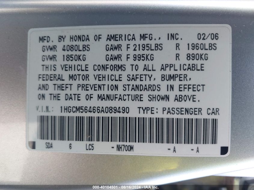 2006 Honda Accord Lx VIN: 1HGCM56466A089490 Lot: 40104501