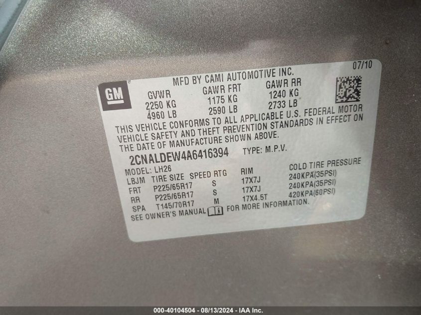 2010 Chevrolet Equinox Lt VIN: 2CNALDEW4A6416394 Lot: 40104504