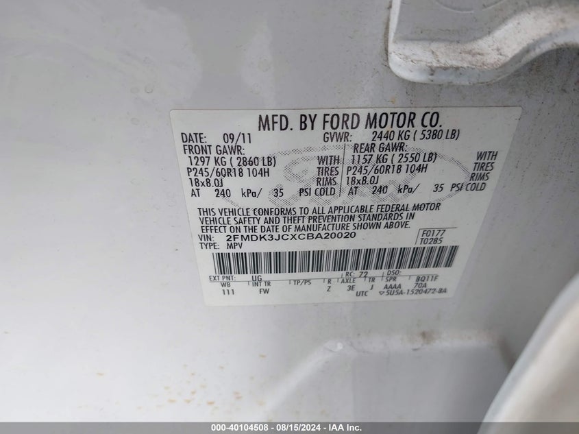 2012 Ford Edge Sel VIN: 2FMDK3JCXCBA20020 Lot: 40104508