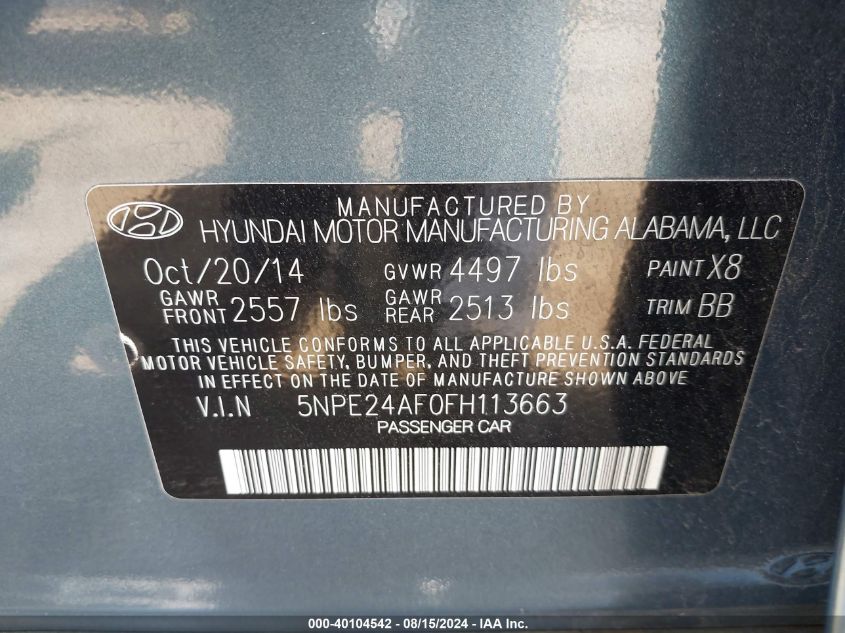 2015 Hyundai Sonata Se VIN: 5NPE24AF0FH113663 Lot: 40104542