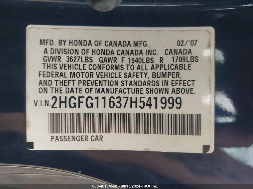 2007 Honda Civic Lx VIN: 2HGFG11637H541999 Lot: 40104558