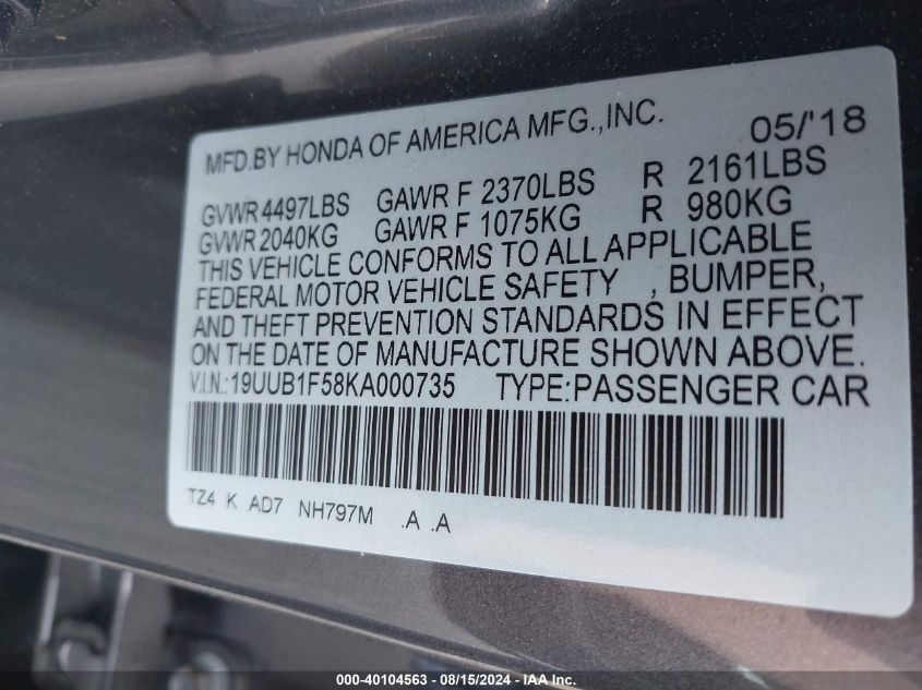 19UUB1F58KA000735 2019 Acura Tlx Tech Pkg