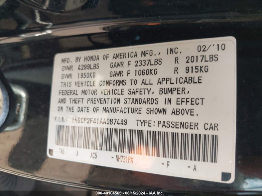2010 Honda Accord Sdn Lx-P VIN: 1HGCP2F41AA087449 Lot: 40104565