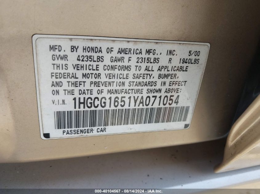 2000 Honda Accord 3.0 Ex VIN: 1HGCG1651YA071054 Lot: 40104567