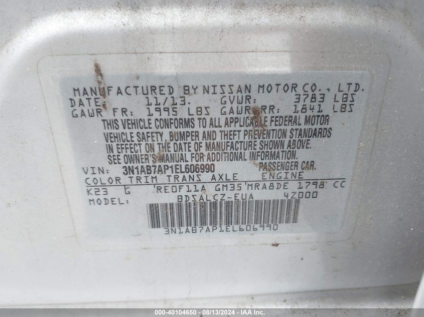 2014 Nissan Sentra S VIN: 3N1AB7AP1EL606990 Lot: 40104650