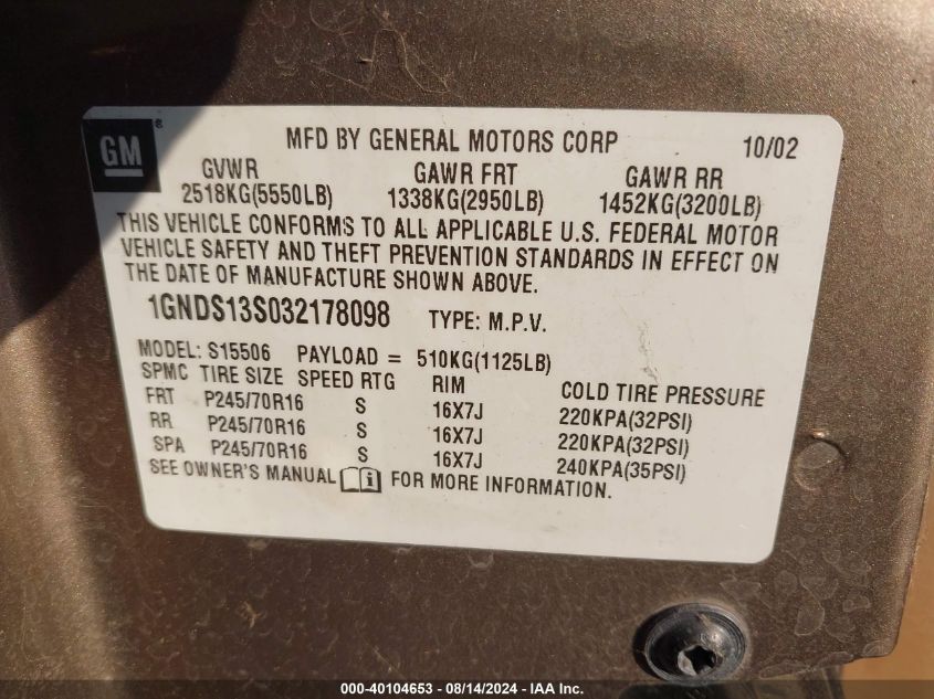 2003 Chevrolet Trailblazer Ls VIN: 1GNDS13S032178098 Lot: 40104653