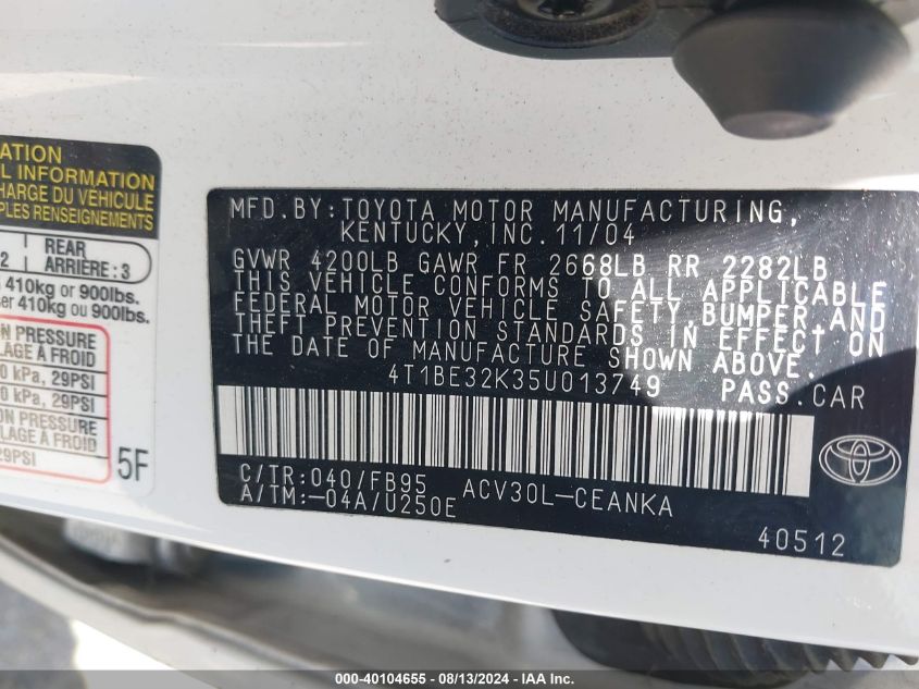 2005 Toyota Camry Le VIN: 4T1BE32K35U013749 Lot: 40104655