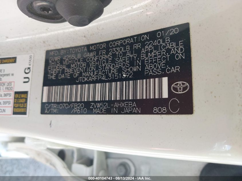 2020 TOYOTA PRIUS PRIME LE - JTDKARFP4L3151392