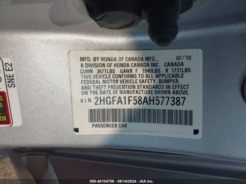 2010 Honda Civic Lx VIN: 2HGFA1F58AH577387 Lot: 40104759