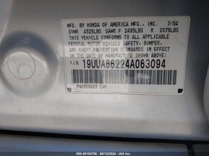 2004 Acura Tl VIN: 19UUA66224A063094 Lot: 40104786