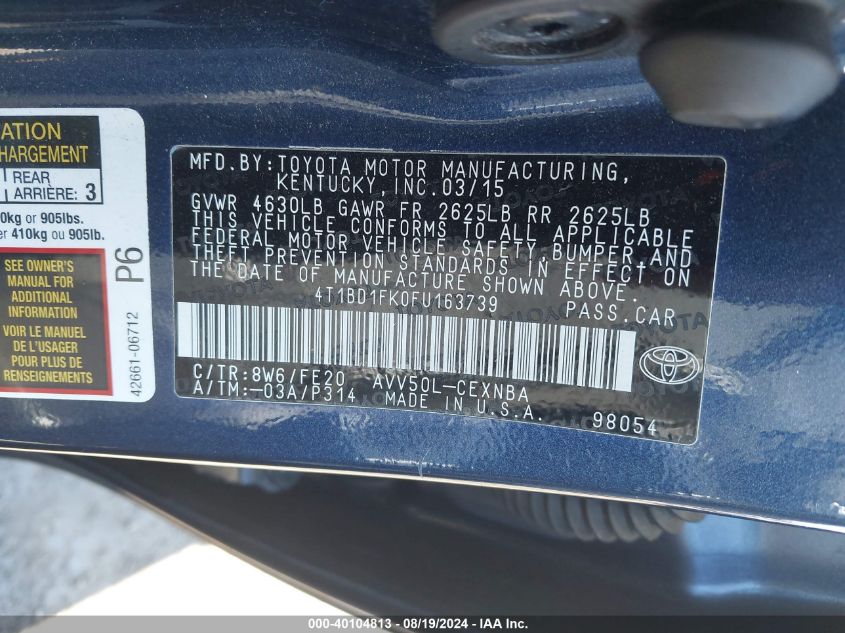 2015 TOYOTA CAMRY HYBRID LE - 4T1BD1FK0FU163739