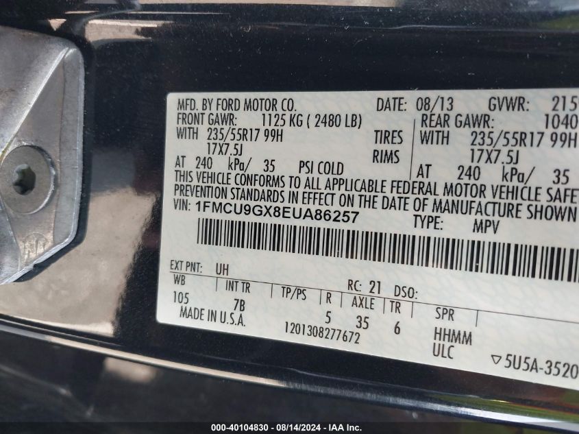 2014 Ford Escape Se VIN: 1FMCU9GX8EUA86257 Lot: 40104830