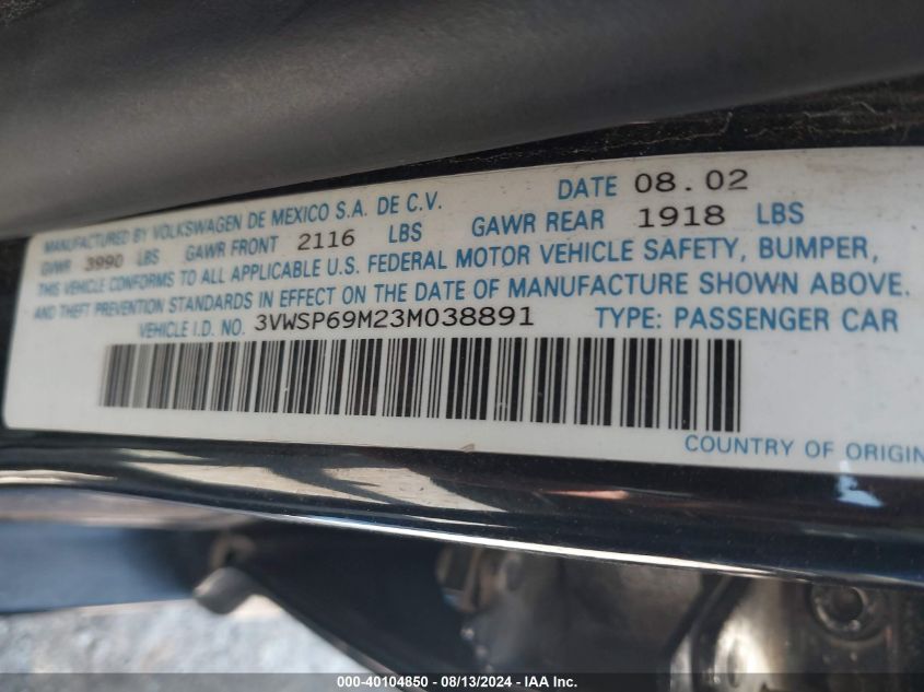 2003 Volkswagen Jetta Gls Tdi VIN: 3VWSP69M23M038891 Lot: 40104850