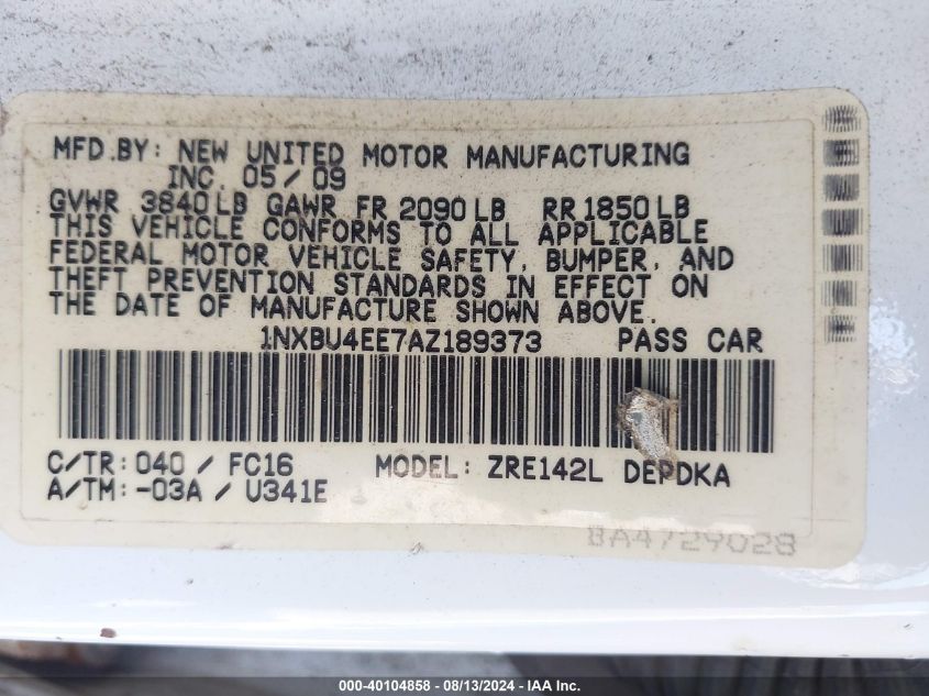 2010 Toyota Corolla Le VIN: 1NXBU4EE7AZ189373 Lot: 40104858