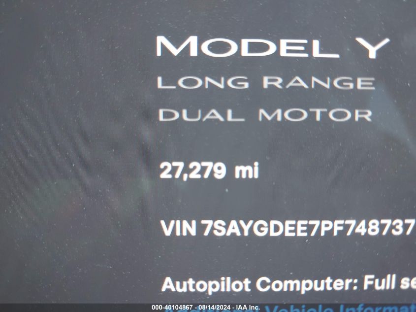 2023 Tesla Model Y Awd/Long Range Dual Motor All-Wheel Drive VIN: 7SAYGDEE7PF748737 Lot: 40104867