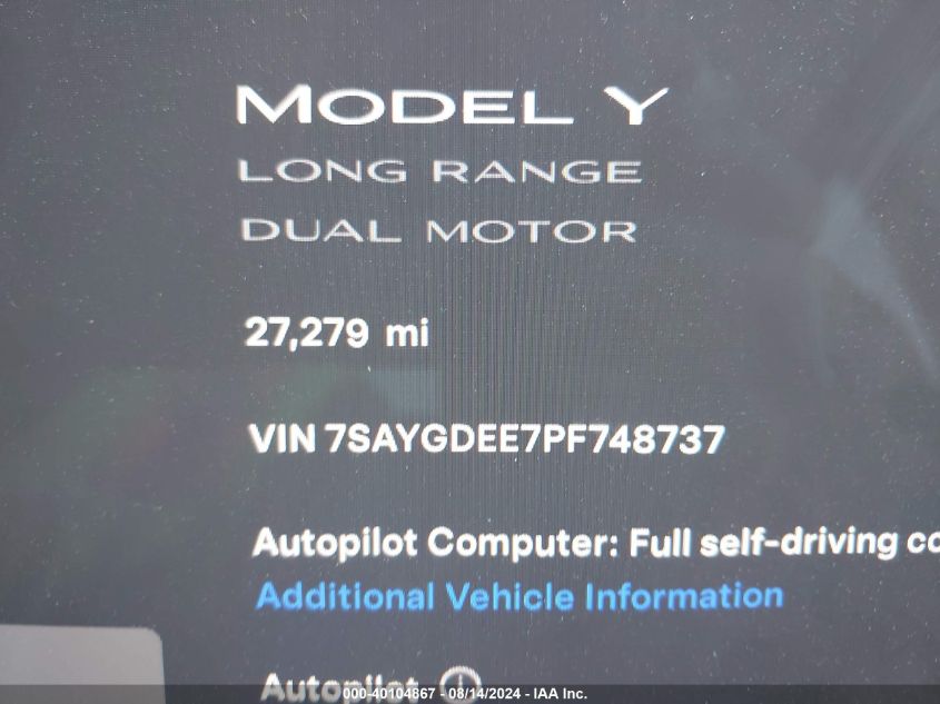 2023 TESLA MODEL Y AWD/LONG RANGE DUAL MOTOR ALL-WHEEL DRIVE - 7SAYGDEE7PF748737