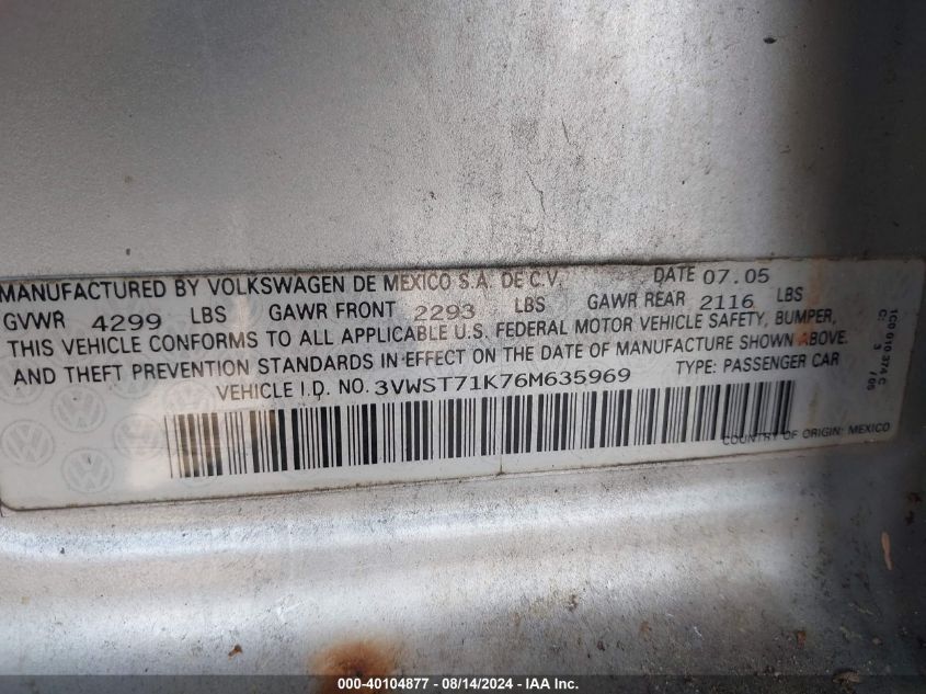 2006 Volkswagen Jetta Tdi VIN: 3VWST71K76M635969 Lot: 40104877
