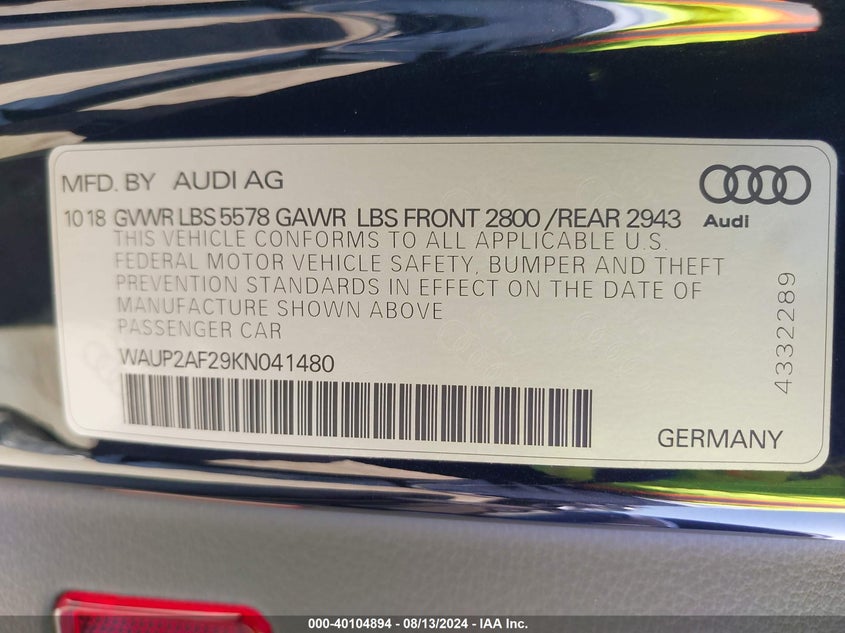 VIN WAUP2AF29KN041480 2019 AUDI A7 55 PREMIUM