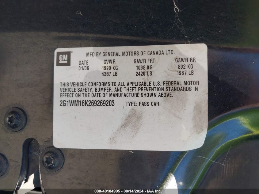 2006 Chevrolet Monte Carlo Lt VIN: 2G1WM16K269269203 Lot: 40104905