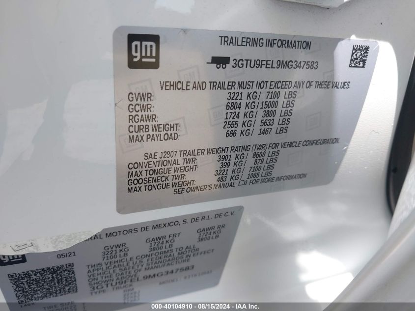 2021 GMC Sierra K1500 Denali VIN: 3GTU9FEL9MG347583 Lot: 40104910