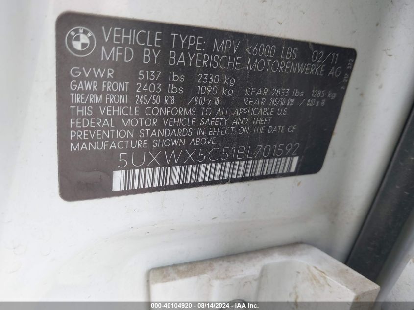 2011 BMW X3 xDrive28I VIN: 5UXWX5C51BL701592 Lot: 40104920