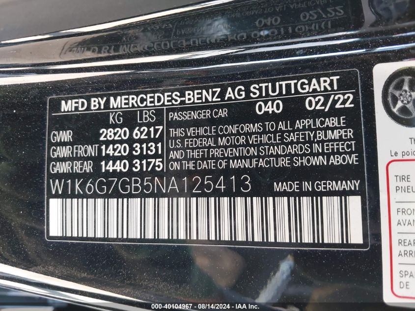 2022 Mercedes-Benz S 580 4Matic VIN: W1K6G7GB5NA125413 Lot: 40104967