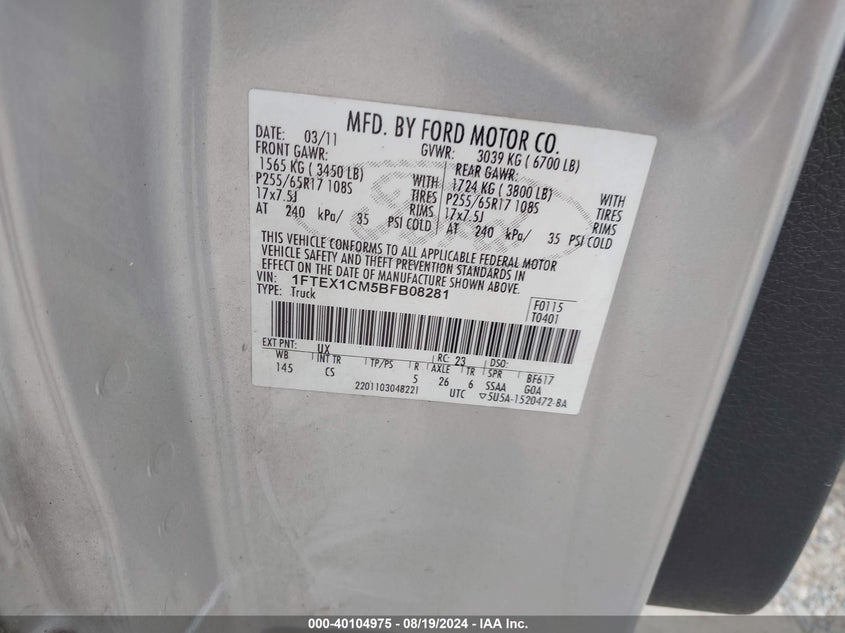 2011 Ford F-150 Stx VIN: 1FTEX1CM5BFB08281 Lot: 40104975