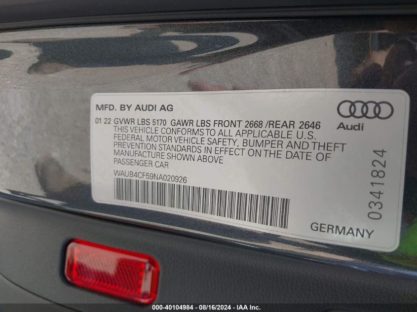 2022 Audi S5 Sportback Prestige Tfsi Quattro Tiptronic VIN: WAUB4CF59NA020926 Lot: 40104984