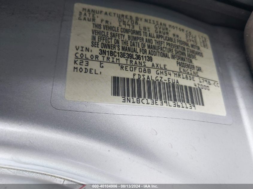 2009 Nissan Versa 1.8Sl VIN: 3N1BC13E39L361139 Lot: 40104986