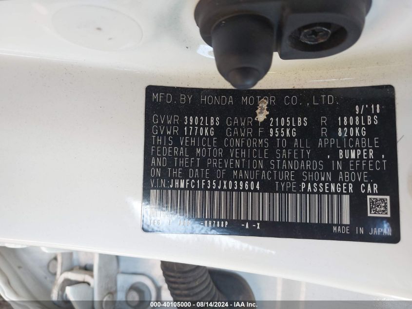 2018 Honda Civic Ex-T VIN: JHMFC1F35JX039604 Lot: 40105000