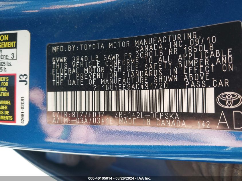 2010 Toyota Corolla S VIN: 2T1BU4EE9AC491720 Lot: 40105014