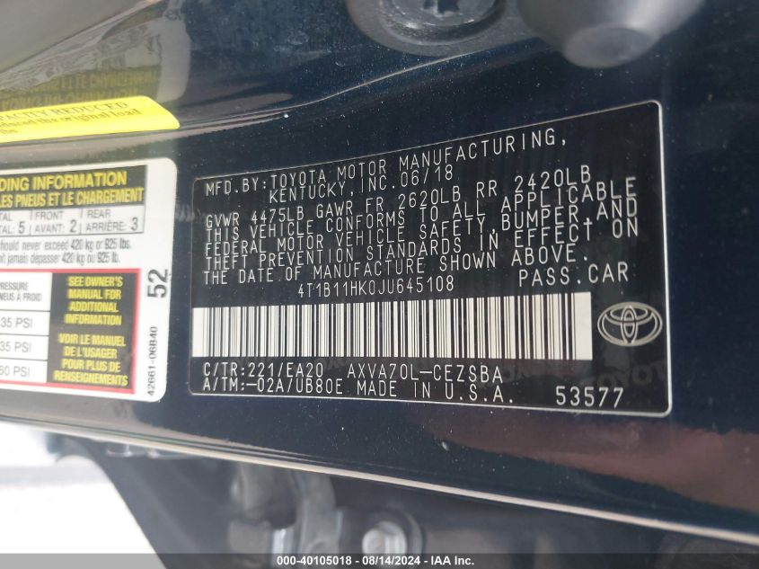 4T1B11HK0JU645108 2018 Toyota Camry Se