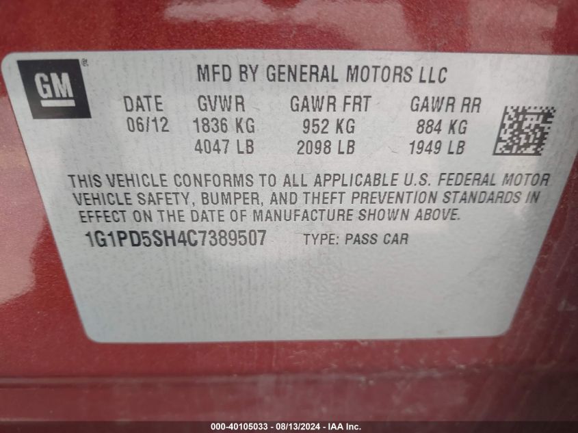 2012 Chevrolet Cruze Ls VIN: 1G1PD5SH4C7389507 Lot: 40105033