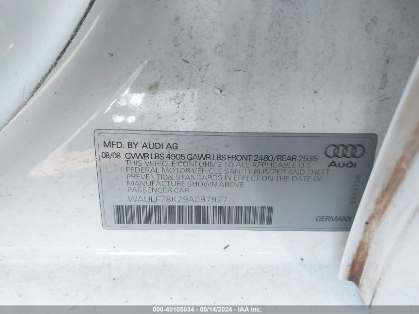 2009 Audi A4 2.0T Premium VIN: WAULF78K29A097927 Lot: 40105034
