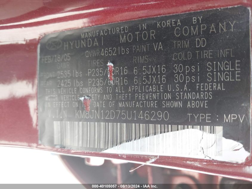 2005 Hyundai Tucson Gls/Lx VIN: KM8JN12D75U146290 Lot: 40105057