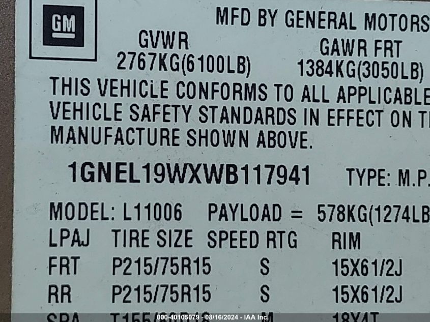 1998 Chevrolet Astro VIN: 1GNEL19WXWB117941 Lot: 40105079