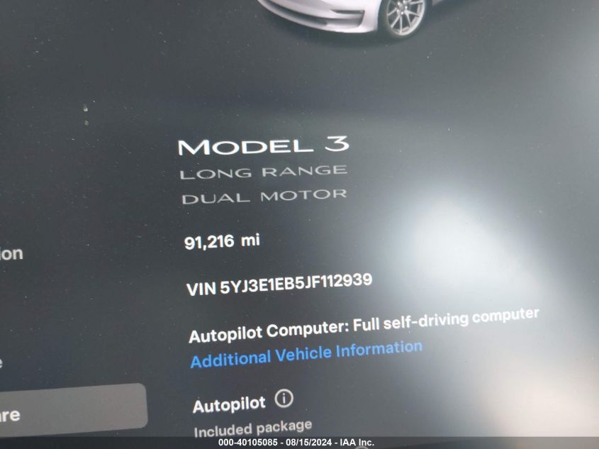 2018 Tesla Model 3 Long Range/Performance VIN: 5YJ3E1EB5JF112939 Lot: 40105085