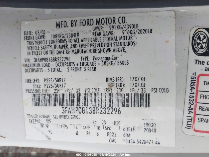 2008 Ford Fusion Sel VIN: 3FAHP08138R232296 Lot: 40105088