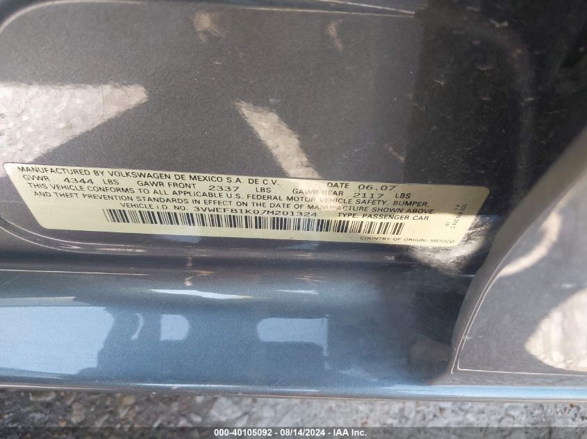 2007 Volkswagen Jetta Wolfsburg Edition VIN: 3VWEF81K07M201324 Lot: 40105092