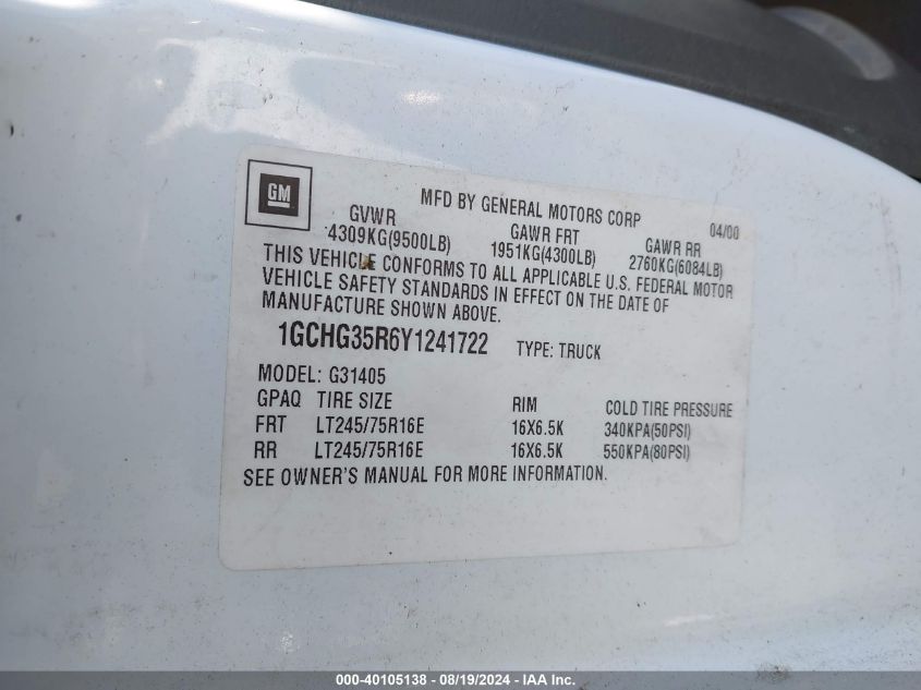 2001 Chevrolet Express VIN: 1GCFG25M811215506 Lot: 40105138