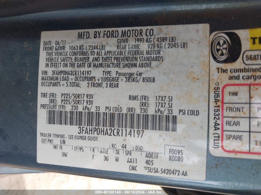 2012 Ford Fusion Se VIN: 3FAHP0HA2CR114197 Lot: 40105140