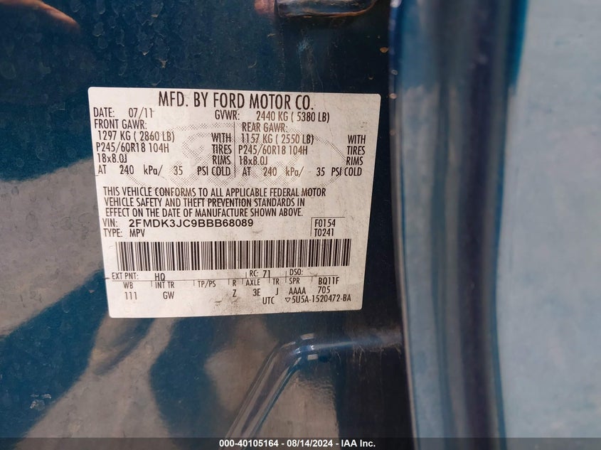 2011 Ford Edge Sel VIN: 2FMDK3JC9BBB68089 Lot: 40105164